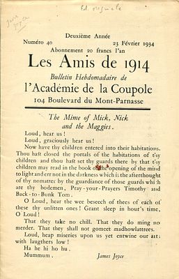 [JOYCE JAMES]: (1882-1941) Irish novelist and poet. An interesting piece of printed ephemera, 