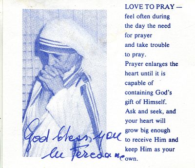 TERESA MOTHER: (1910-1997) Albanian Roman Catholic Nun, Nobel Peace Prize winner, 1979. A signed 
