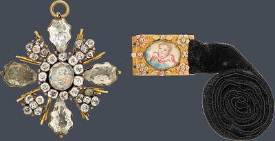 Anh&auml;nger und Kropfband 
wohl Yvetot (Schlie&szlig;e), 18./19. Jh. 
14kt Gold, Messing, Glassteine, 