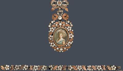 Anh&auml;nger-Brosche und Armband, wohl Marie Antoinette 
wohl Yvetot, um 1780 
Silber, 14kt Gold, 