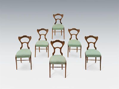 Sechs Biedermeier-St&uuml;hle 
um 1830 
Weichholz, Nussholz furniert; Stoffbezug 
H. 89 cm 
