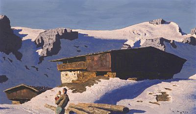 Alfons Walde: Einsamer Berghof. Alfons Walde 
Einsamer Berghof 
1933 
&Ouml;l auf Karton; gerahmt 
43 