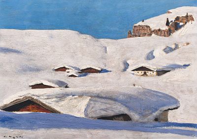 Alfons Walde: Trattalmen. Alfons Walde 
Trattalmen 
um 1932 
&Ouml;l auf Karton; gerahmt 
41 x 59 cm 