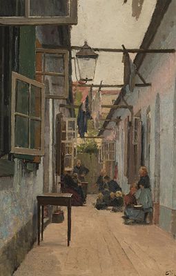 Carl Moll: Hinterhof mit Frauen und Kindern. Carl Moll 
Hinterhof mit Frauen und Kindern 
um 