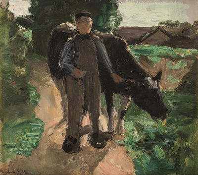 Max Liebermann: Bauer mit Kuh. Max Liebermann 
Bauer mit Kuh 
1894 
&Ouml;l auf Papier auf Karton 