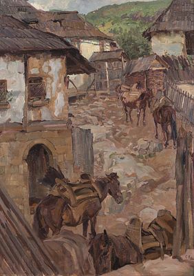 Carl Fahringer: T&uuml;rkischer Gasthof. Carl Fahringer 
T&uuml;rkischer Gasthof 
&Ouml;l auf Karton; gerahmt 