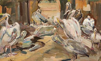 Carl Fahringer: Pelikane. Carl Fahringer 
Pelikane 
&Ouml;l auf Leinwand; gerahmt 
39 x 63,5 cm 