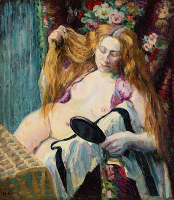 Helene Funke: La femme &agrave; la glace. Helene Funke 
La femme &agrave; la glace 
um 1905-07 
&Ouml;l auf Holz; 