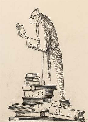 Franz Sedlacek: Der B&uuml;cherwurm. Franz Sedlacek 
Der B&uuml;cherwurm 
Tuschfeder auf Papier; gerahmt 