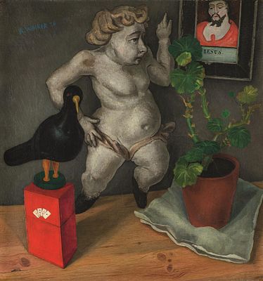 Rudolf Wacker: Stillleben mit Engel. Rudolf Wacker 
Stillleben mit Engel 
1926 
&Ouml;l auf Leinwand; 