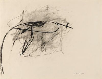 Maria Lassnig: o. T. Maria Lassnig 
o. T. 
1959 
Schwarze Kreide auf Papier; gerahmt 
50 x 65 cm 