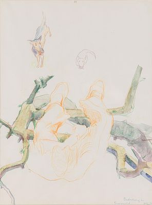 Maria Lassnig: Bedrohung im Grunewald. Maria Lassnig 
Bedrohung im Grunewald 
1978 
Mischtechnik 