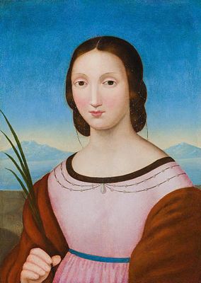 Raffaello Sanzio, genannt Raphael Umkreis: Bildnis einer jungen Dame mit Perlenschmuck und Palmzweig