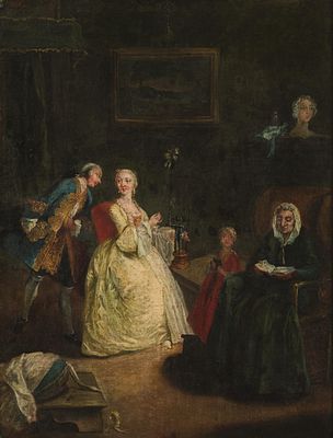 Pietro Longhi Umkreis: Gesellschaftsszene mit einer jungen Frau beim Spinnen. Pietro Longhi 