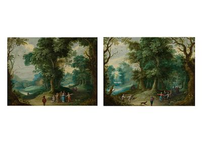 Jasper van der Lanen: Waldlandschaft mit Figuren (Pendants). Jasper van der Lanen Waldlandschaft 