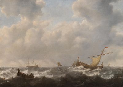 Jeronimus van Diest II.: Ruderboot, Smalschip und weitere Schiffe auf bewegter See. Jeronimus 