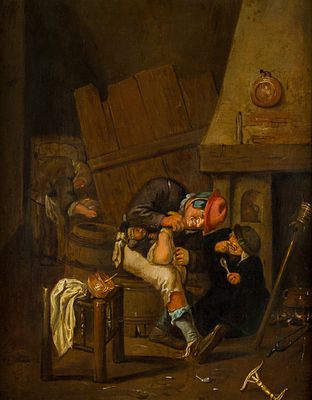 Johannes Hals: Vater-Pflichten. Johannes Hals Vater-Pflichten &Ouml;l auf Holz; gerahmt 31 x 24,5 cm 
