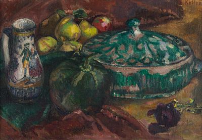 Broncia Koller-Pinell: Obst- und Gem&uuml;sestillleben mit Krug und Deckelschale. Broncia 