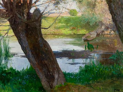Carl Moll: In der Au. Carl Moll In der Au um 1900 &Ouml;l auf Holz; gerahmt 26,5 x 34,5 cm 