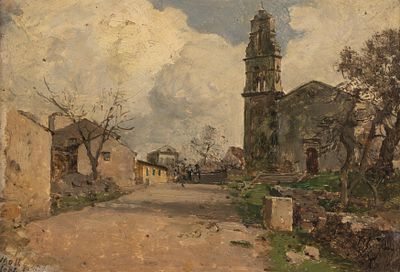 Carl Moll: Dorf Smarades auf Corfu. Carl Moll Dorf Smarades auf Corfu 1888 &Ouml;l auf Holz; gerahmt 