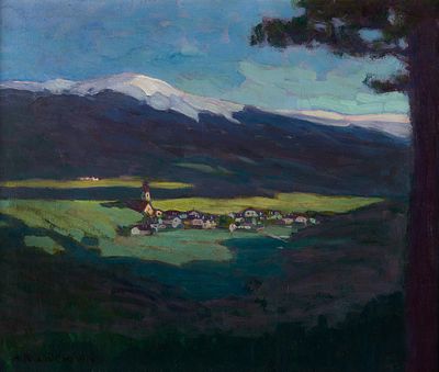 Artur Nikodem: Natters. Artur Nikodem Natters 1914 &Ouml;l auf Karton; gerahmt 48,5 x 59 cm Signiert 
