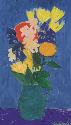 Gerhild Diesner: Blumenstillleben auf Blau. Gerhild Diesner Blumenstillleben auf Blau 1965 &Ouml;l 