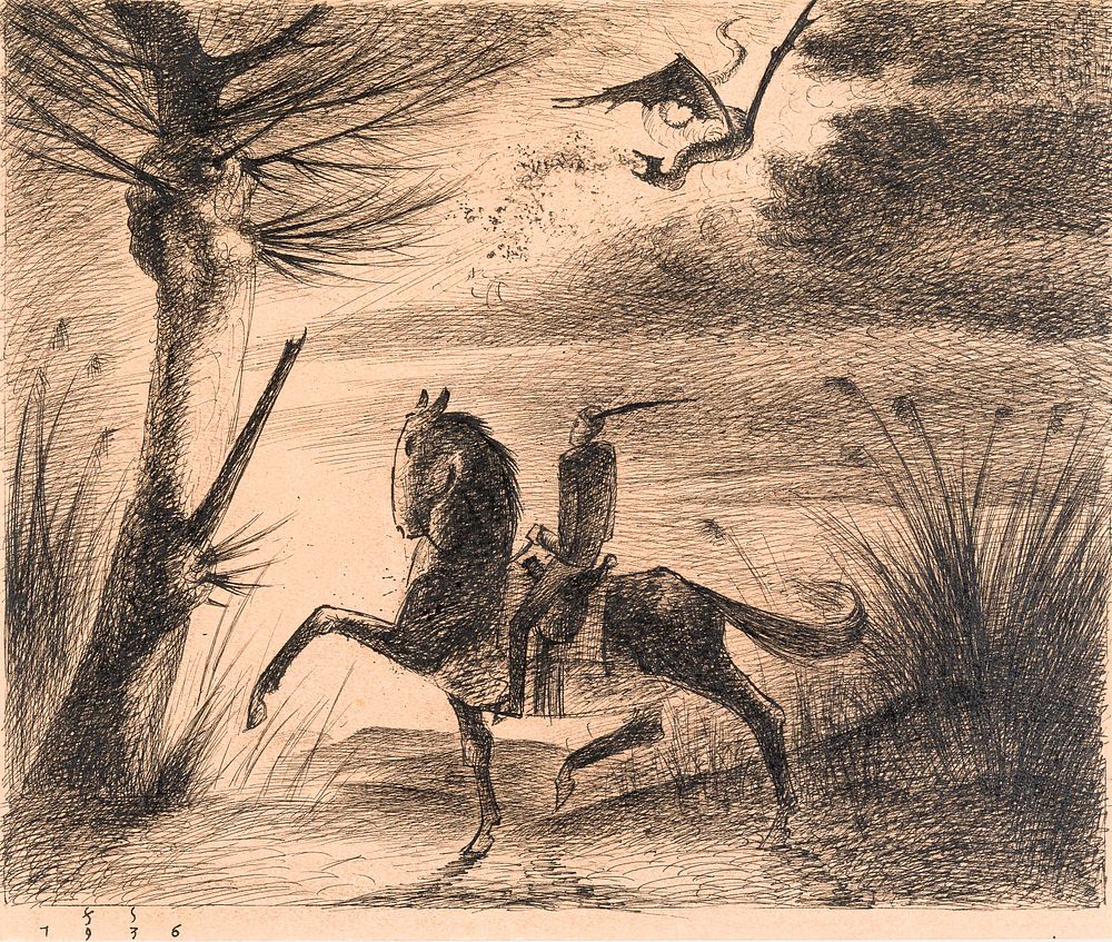 Franz Sedlacek: Reiter und Drache. Franz Sedlacek Reiter und Drache 1936 Tusche auf Papier; 