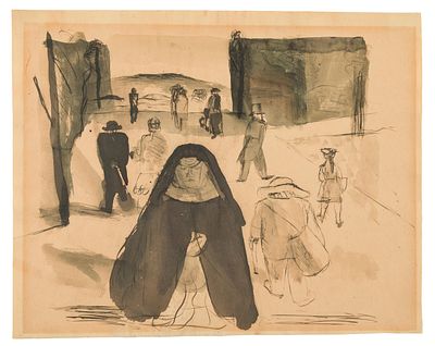 Wilhelm Th&ouml;ny: Stra&szlig;enszene mit Nonne im Vordergrund. Wilhelm Th&ouml;ny Stra&szlig;enszene mit Nonne im 