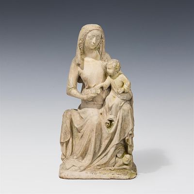 Gotische Skulptur "Madonna mit Kind" Belgien, Anfang 14. Jh. Kalkstein, gemei&szlig;elt; r&uuml;ckseitig 