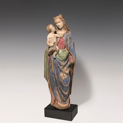 Gotische Skulptur "Madonna mit Kind" Frankreich, 15. Jh. Kalkstein, gemei&szlig;elt, originale 