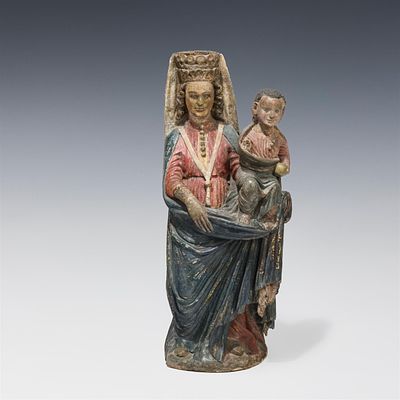Gotische Skulptur "Madonna mit Kind" 14. Jh Lindenholz, geschnitzt, originale Fassung und 