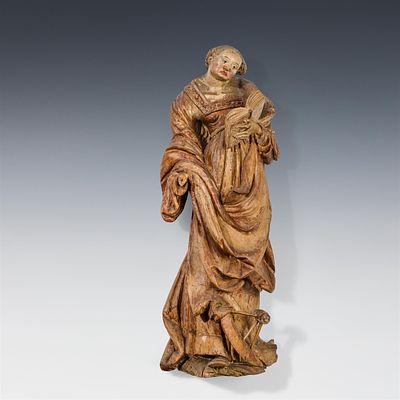 Gotische Skulptur "Heilige Katharina" 15./16. Jh. Lindenholz, geschnitzt, Fassungsreste; 1 Arm 