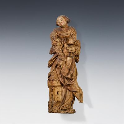 Gotische Skulptur "Heilige Barbara" 15./16. Jh. Lindenholz, geschnitzt, Fassungsreste; 1 