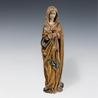 Gotische Skulptur "Trauernde Maria" um 1500 Lindenholz, geschnitzt, originale Fassung und 