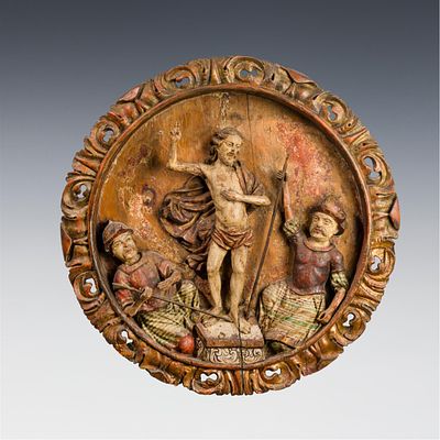 Barockes Relief "Auferstehung Christi" um 1700 Lindenholz, geschnitzt, originale Fassung und 