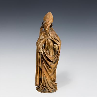 Gotische Skulptur "Heiliger Petrus als Bischof" um 1480 Lindenholz, geschnitzt, Fassungsreste 