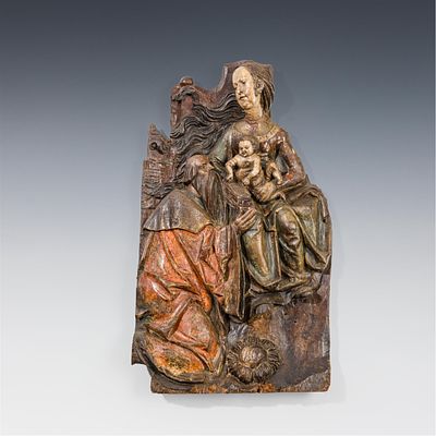 Gotisches Relief "Anbetung der Madonna" 16. Jh. Lindenholz, geschnitzt, originale Fassung; 