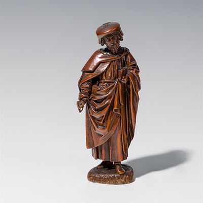 Gotische Skulptur wohl "Heiliger Dominikus" 16. Jh. Buchsbaumholz, geschnitzt; auf der 