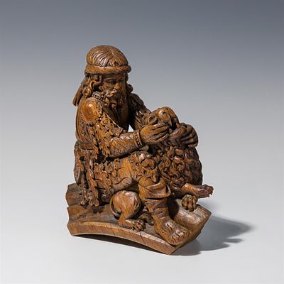 Gotische Skulptur "Samson und L&ouml;we" 16. Jh. Eichenholz, geschnitzt; auf der Unterseite mit altem 