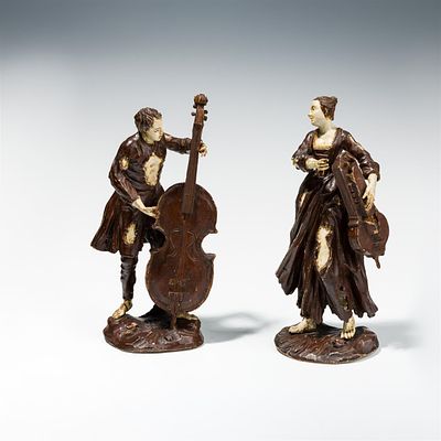in der Art Simon Troger: Paar barocke Skulpturen "Musikanten". in der Art Simon Troger Paar 