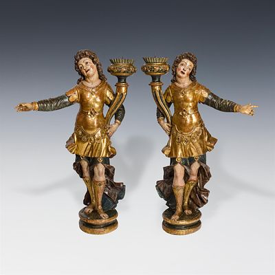 Paar barocke Leuchterengel Florenz, um 1600 Lindenholz, geschnitzt, originale Fassung und 