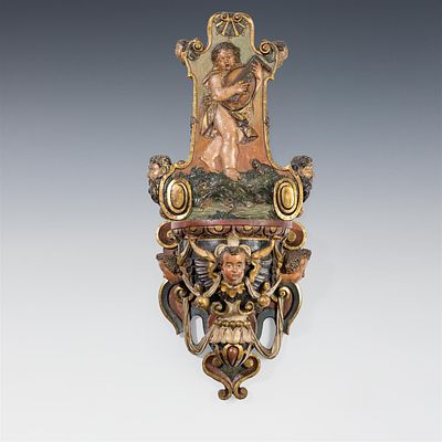Barockes Weihwasserbecken 17. Jh. Lindenholz, geschnitzt, originale Fassung und Vergoldung; die 