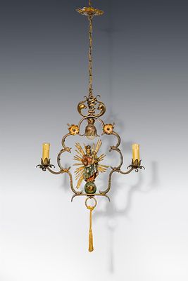 Eisenluster mit Madonna 18. Jh. Eisen, Holz, geschnitzt, originale Fassung und Vergoldung 
