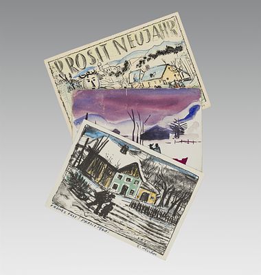 Ernst Huber: Drei Postkarten. Ernst Huber Drei Postkarten 1930/40er Jahre Farblithografien auf 