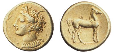 "г. Карфаген (310-270 гг. до н.э.). Статер. Электр, 7,46 гр. Диаметр 18 мм. Состояние XF."