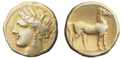 "г. Карфаген (310-270 гг. до н.э.). Статер. Золото, 7,25 гр. Диаметр 18 мм. Состояние XF+."