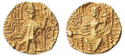 "Кушанское царство. Васудева II (230-300 гг.). Золото, 7,76 гр. Диаметр 20 мм. Состояние XF+."