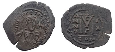 "Римская Империя. Маврикий Тиберий (582-602 гг.) Фоллис. Медь, 12,21 гр. Диаметр 37 мм. 