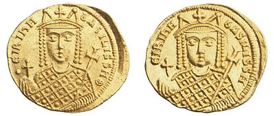 "Византийская империя. Ирина (797-802 гг.) Солид. Золото, 4,39 гр. Диаметр 22 мм. Состояние XF+."