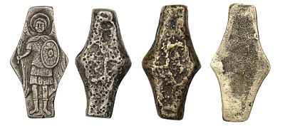 "Подборка антикварных подделок. 1) Серебряный платежный слиток &laquo;гривна киевская&raquo;. На плоской 